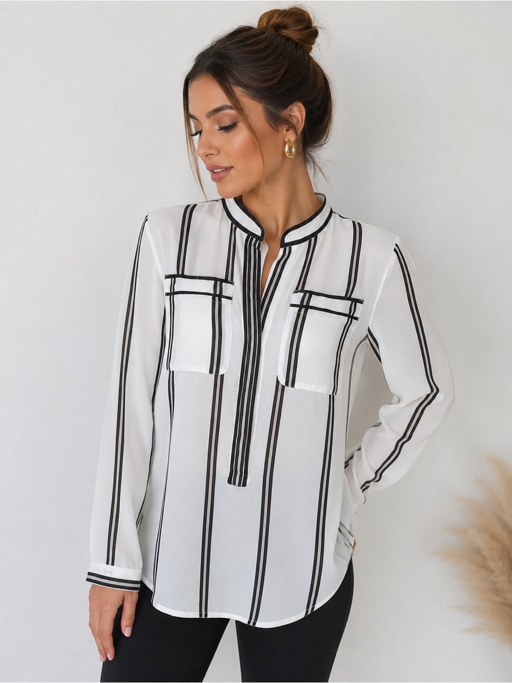 LOFT semi-sheer chiffon blouse, black and white striped, V-neck. XS
